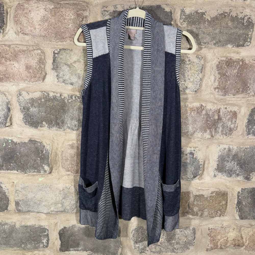 Chico's Navy Blue Gray Striped Open Front Sweater Vest Pockets Size S Coastal